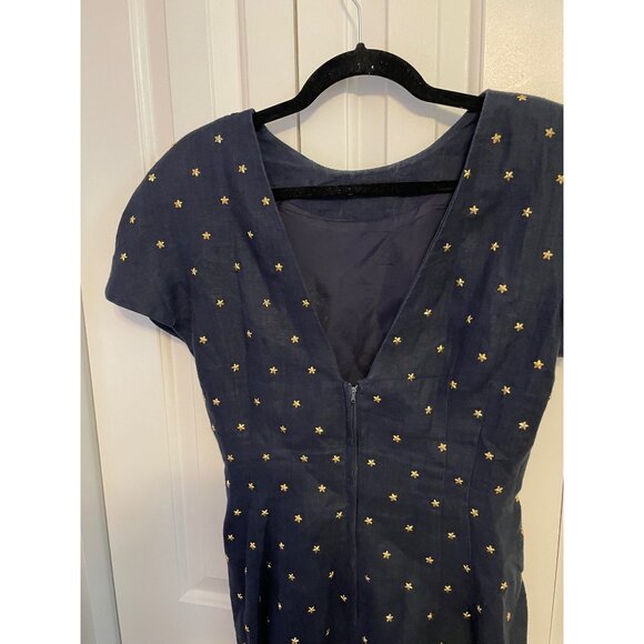 Carmen Marc Valvo Dress Metallic Star Embellished Deep V-Back Linen Navy Blue 8 - Picture 5 of 8